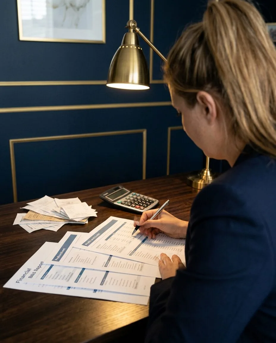 Financial reports and notes on a clean desk